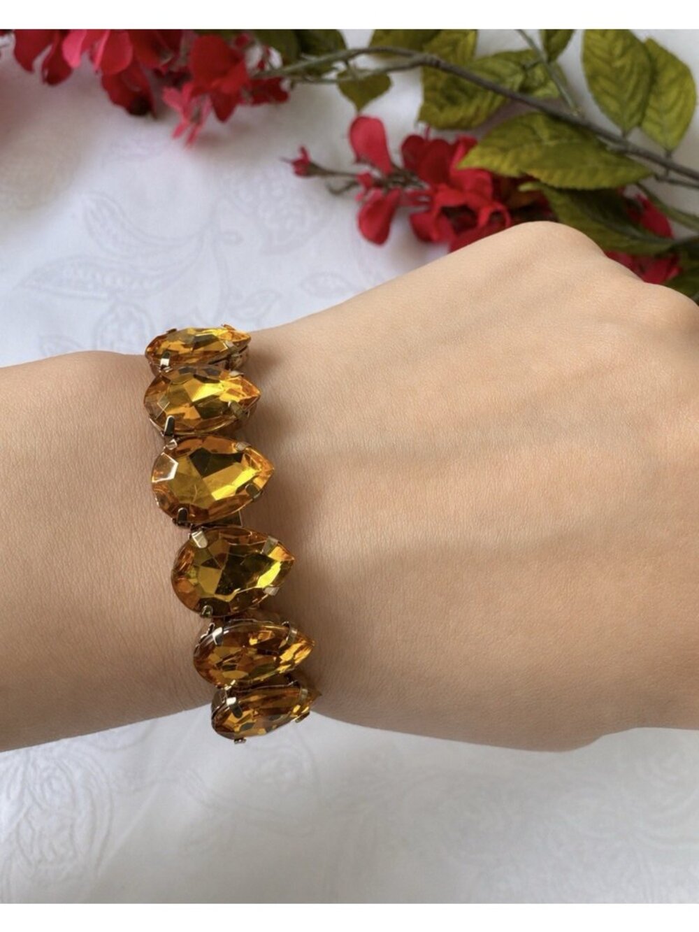Teardrop Faux Amber Crystal Goldtone Rhinestone Cuff Bracelet Womens Party NEW